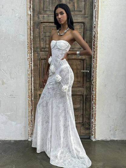 Elegant Lace Patchwork Bodycon Party Evening Dress Women Sexy Strapless 3D Flower Slim Backless Dress Autumn/winter 2025