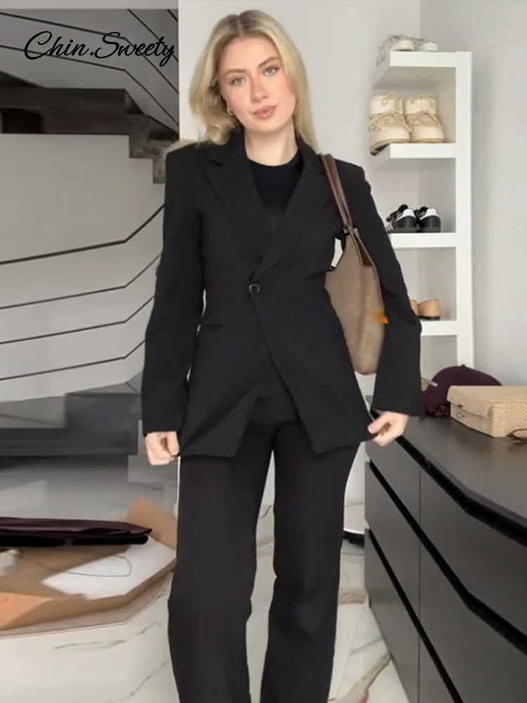 Elegante blazer con botones de metal para mujer, traje ajustado con cuello en V, manga larga, bolsillo falso, hombreras de otoño, ropa de oficina para mujer