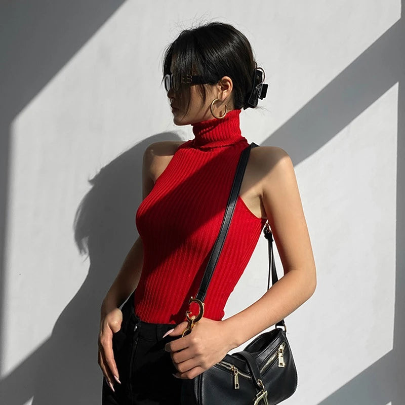 Chaleco de verano de cuello alto para mujer, sin mangas, de color sólido, de punto acanalado, ajustado, camisetas sin mangas Y2K, ropa básica para discoteca para mujer