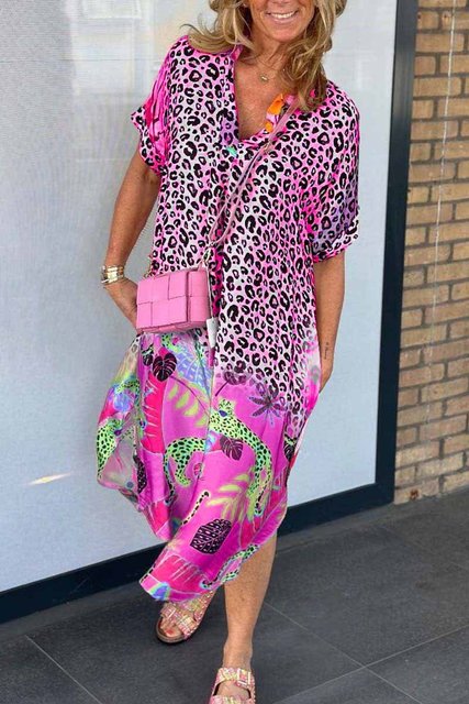 Vestidos de patchwork con estampado de leopardo para mujer, cuello en V, manga corta, bolsillo, abertura holgada, vestido midi, moda informal, vestidos de verano para mujer, nuevo