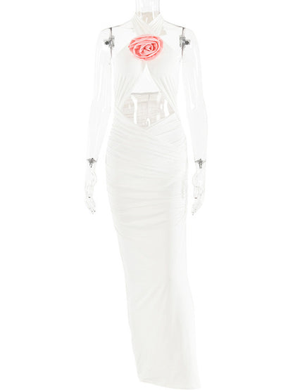 Vestido maxi sexy con flores 3D, sin espalda, calado, con cremallera, sin mangas, ajustado, para fiesta, club y noche.
