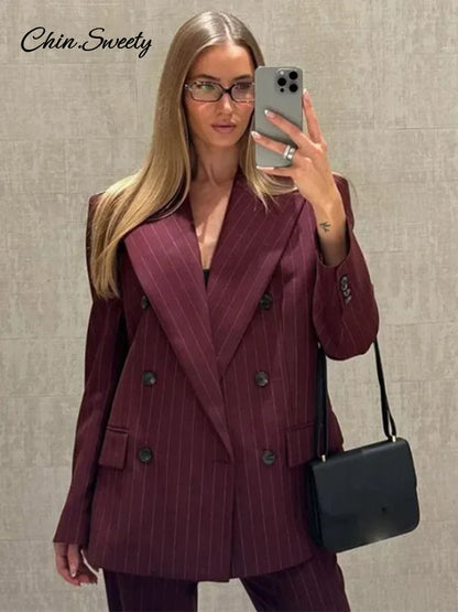Striped Pant 2 Piece Set Women Double-breasted Full Sleeve Blazer Wide Leg Zipper Long Trousers Female 2025 Lady Commute Outfits
