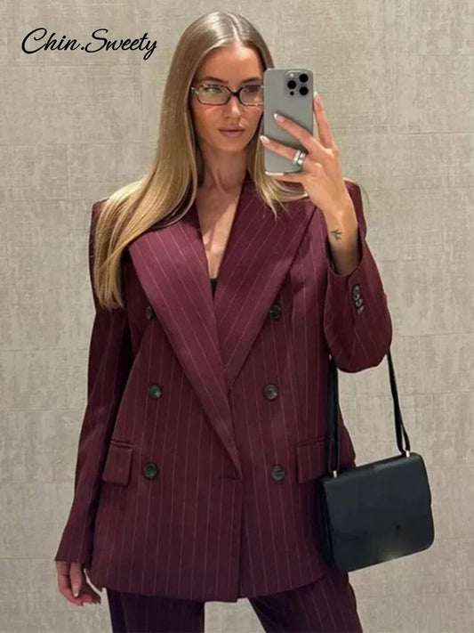 Striped Pant 2 Piece Set Women Double-breasted Full Sleeve Blazer Wide Leg Zipper Long Trousers Female 2025 Lady Commute Outfits