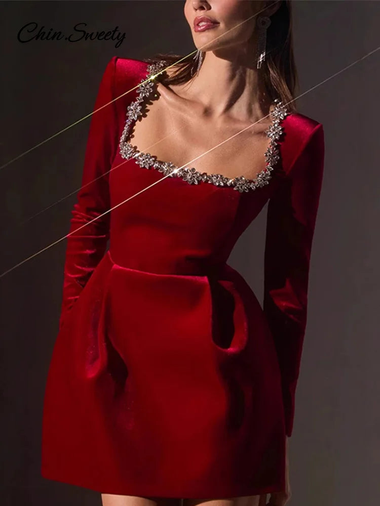 Elegant Rhinestone Decor Velvet Mini Dress Black Square Neck Long Sleeve High Waist A-line Dresses  Lady Evening Party Gown