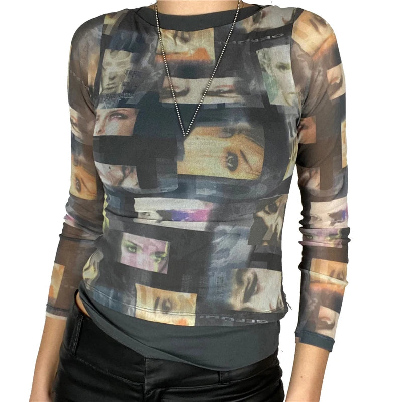Fairy Grunge Shirt Basic Mesh Print Top Women E Girl Gothic Punk Style T-shirts Tees Clothes Street Tops Womens Clothing