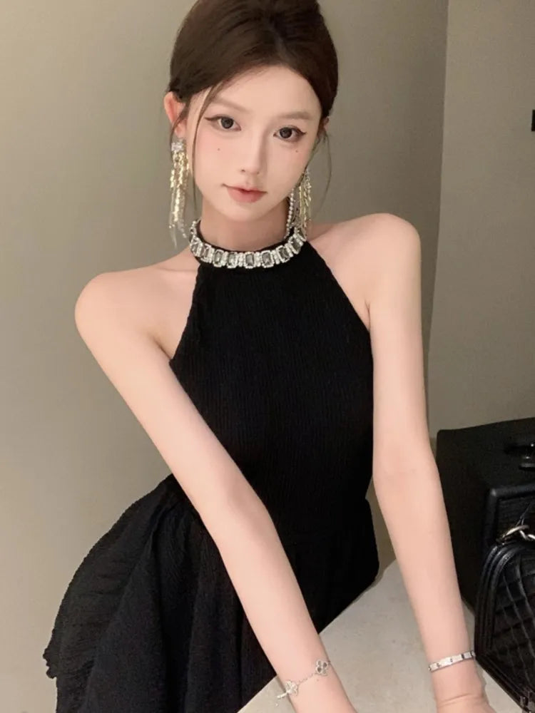 Elegante vestido negro con cuello halter para mujer, novedad de verano, sin espalda, con volantes, corte en A, vestido coreano para fiesta de cumpleaños, graduación, vestidos cortos para mujer