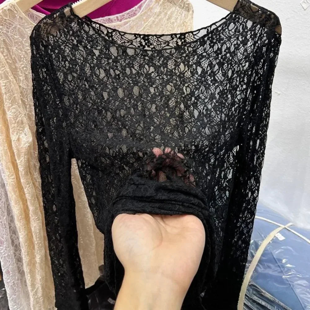 Camisetas de cuello alto y malla de encaje para mujer, camisetas de manga larga para otoño, estilo informal, ajustadas y finas, ropa para mujer