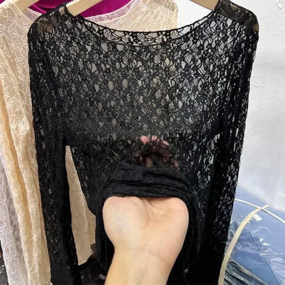 Camisetas de cuello alto y malla de encaje para mujer, camisetas de manga larga para otoño, estilo informal, ajustadas y finas, ropa para mujer