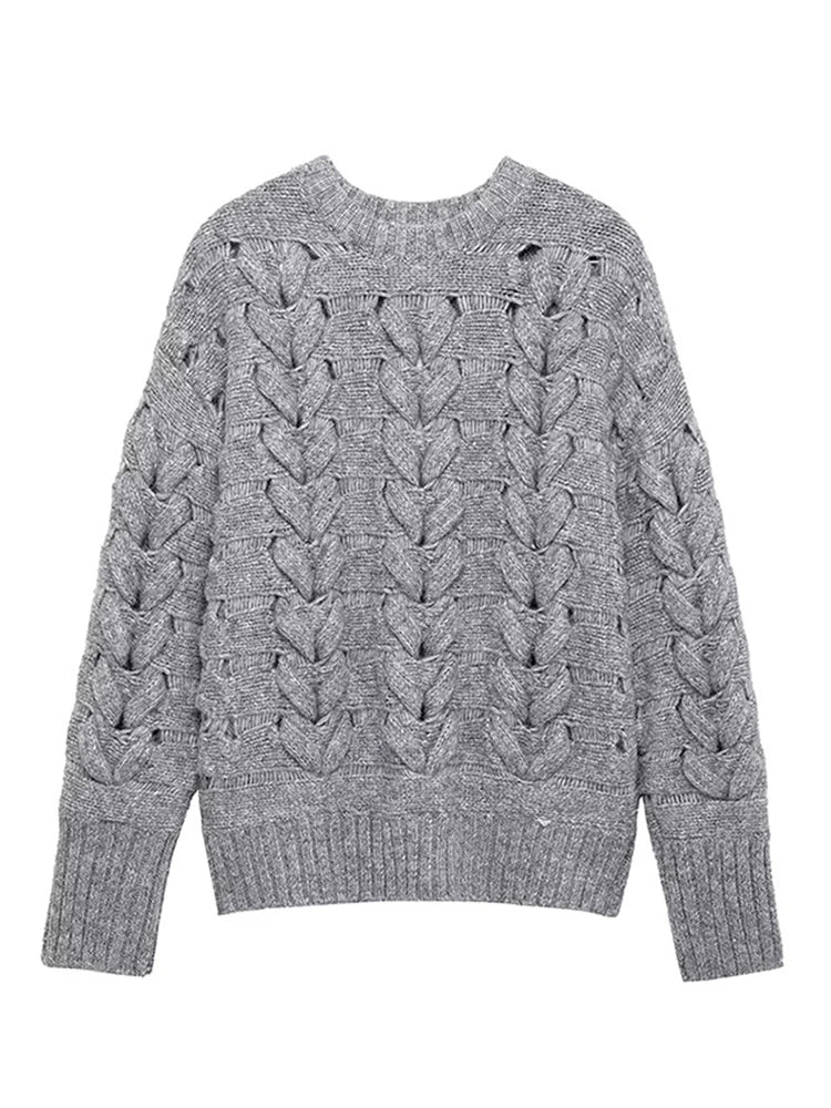 Suéteres casuales de punto con cuello redondo para mujer, suéter vintage holgado gris de manga larga, suéter para mujer, moda urbana versátil.