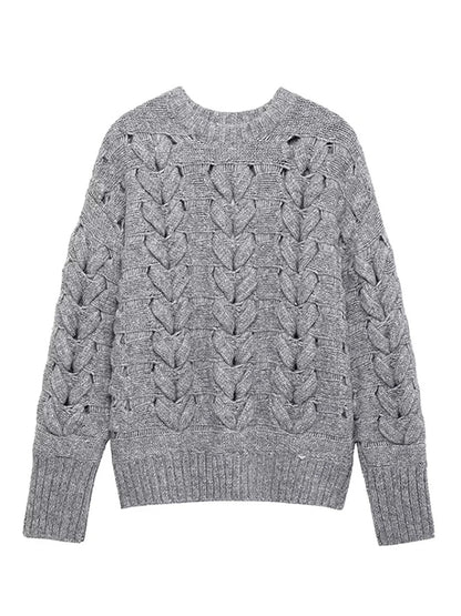 Suéteres casuales de punto con cuello redondo para mujer, suéter vintage holgado gris de manga larga, suéter para mujer, moda urbana versátil.