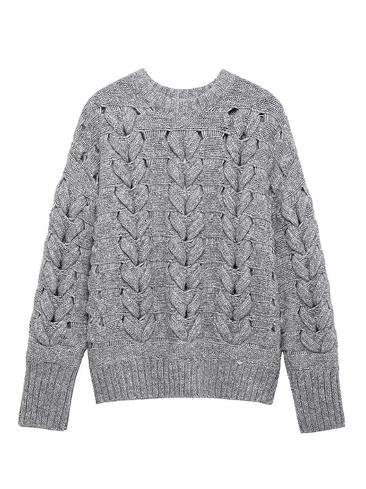 Suéteres casuales de punto con cuello redondo para mujer, suéter vintage holgado gris de manga larga, suéter para mujer, moda urbana versátil.