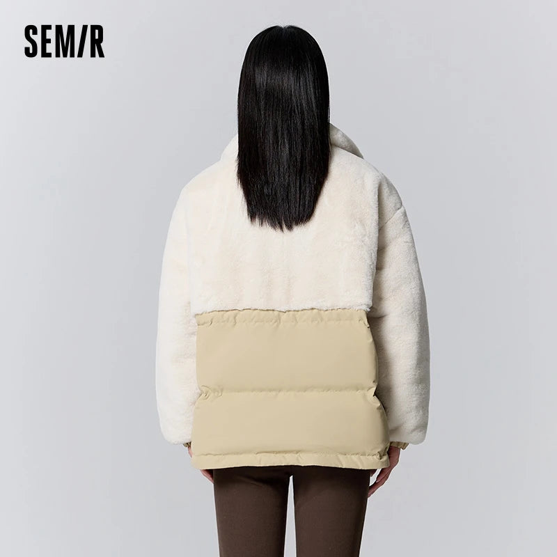 Chaqueta de plumón para mujer, de longitud media, holgada, con empalmes de imitación de piel de conejo, nueva chaqueta fina de invierno con cuello alto y cintura alta.