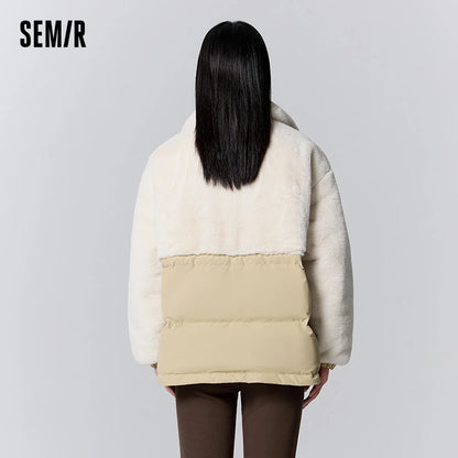 Chaqueta de plumón para mujer, de longitud media, holgada, con empalmes de imitación de piel de conejo, nueva chaqueta fina de invierno con cuello alto y cintura alta.