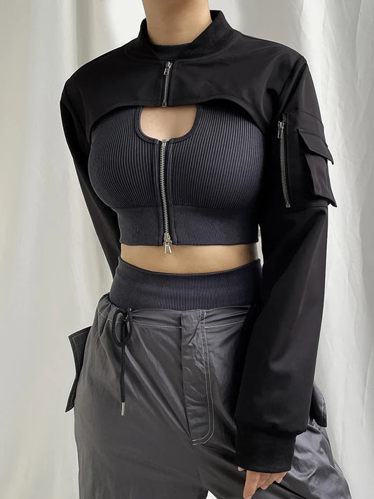 Super-short Black Jacket Zipper Long Sleeve Harajuku Cropped Tshirt Gothic Techwear Fashion Korean Tee Punk Street