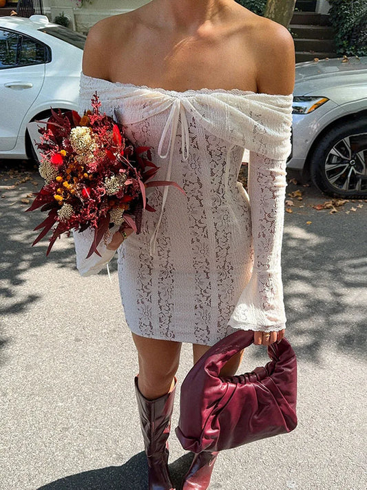 Vestido mini ajustado de encaje calado para mujer, un hombro, sexy, de manga larga, para fiesta, club, ceñido, elegante, para otoño