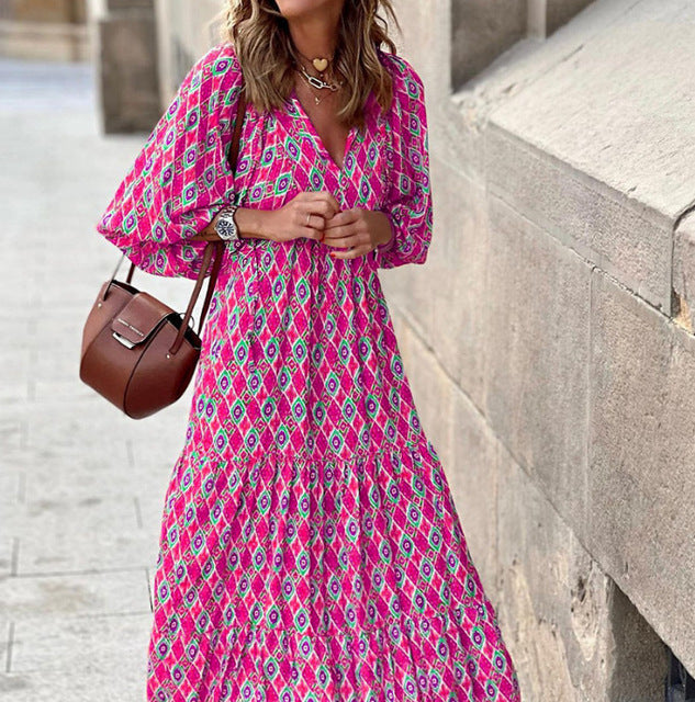 Autumn Dresses For Women 2025 Print Casual Ruffles Loose Long Dress Vintage Elegant Office Beach Style V Neck Vestidos