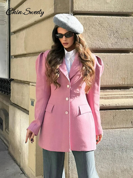 Elegant Women’s Puff Sleeve Blazer Slim Lapel Single Breasted Cinched Waist Female Jacket 2025 Spring Lady High Street Outwears