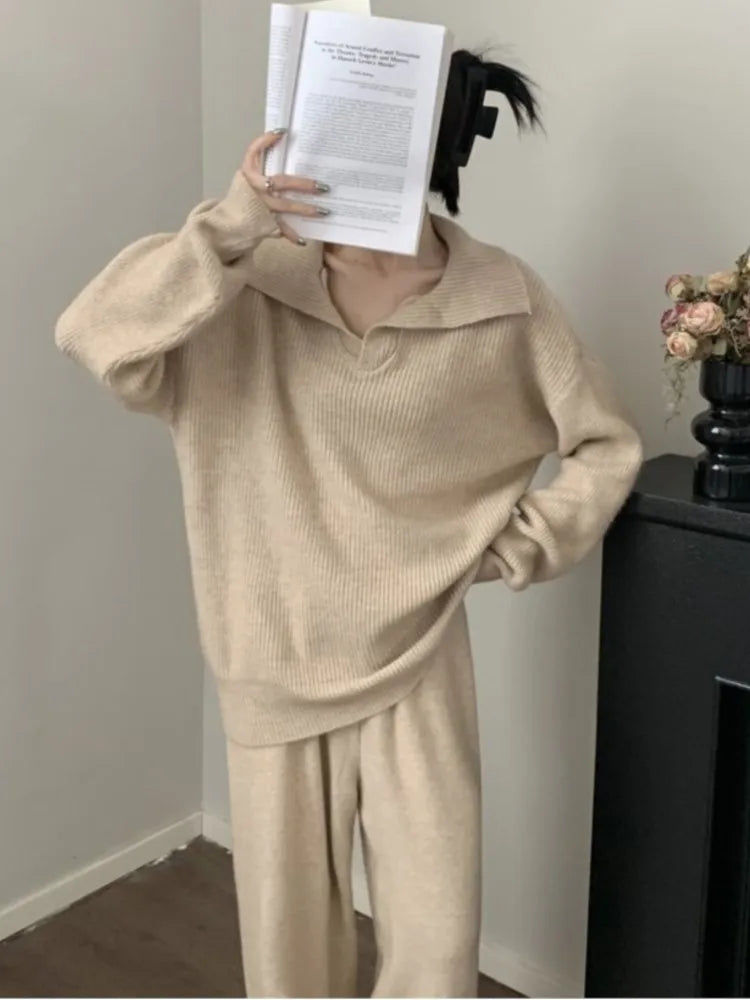 Conjunto de dos piezas de punto para mujer, jersey de solapa, pantalones largos, moda coreana, ropa informal femenina, prendas de punto, otoño e invierno, nuevo