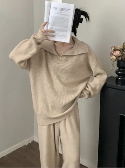Conjunto de dos piezas de punto para mujer, jersey de solapa, pantalones largos, moda coreana, ropa informal femenina, prendas de punto, otoño e invierno, nuevo