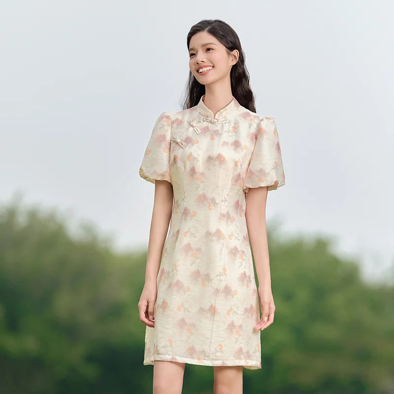 Dress Women Ink Painting Print Dress Bubble Sleeves Buttoned  Summer New Cheongsam Dress