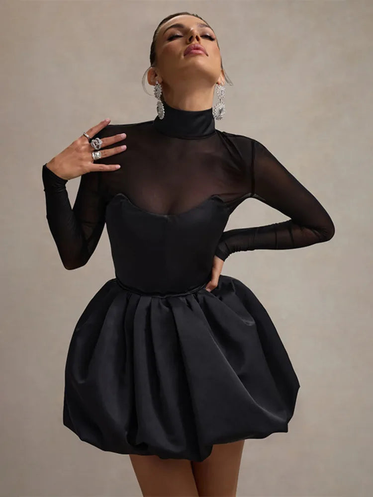 Vestido mini sexy de cuello alto transparente de manga larga para mujer, negro, transparente, de cintura alta, corte A, para fiesta, club, elegante