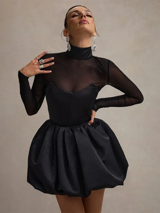 Vestido mini sexy de cuello alto transparente de manga larga para mujer, negro, transparente, de cintura alta, corte A, para fiesta, club, elegante