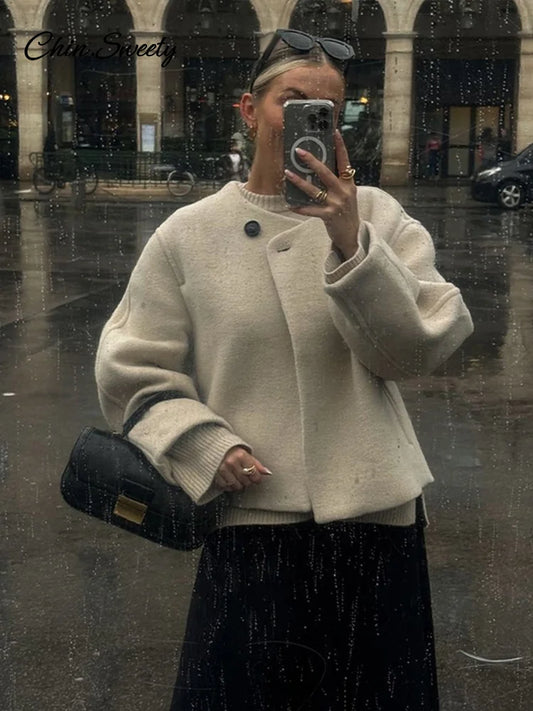 Chaqueta elegante de mezcla de lana lisa para mujer, abrigo de manga larga con botones y cuello redondo, ropa de abrigo cálida para otoño e invierno.