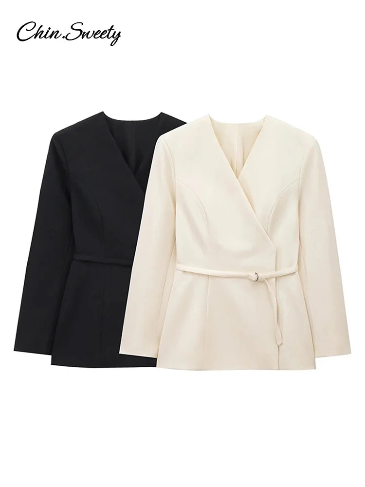 Chaqueta de traje con cinturón fino para mujer, cuello en V, hebilla, manga larga, color liso, primavera 2025, para mujer, para ir al trabajo, ropa de abrigo de cintura alta, nueva