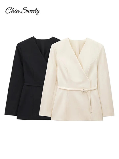 Chaqueta de traje con cinturón fino para mujer, cuello en V, hebilla, manga larga, color liso, primavera 2025, para mujer, para ir al trabajo, ropa de abrigo de cintura alta, nueva