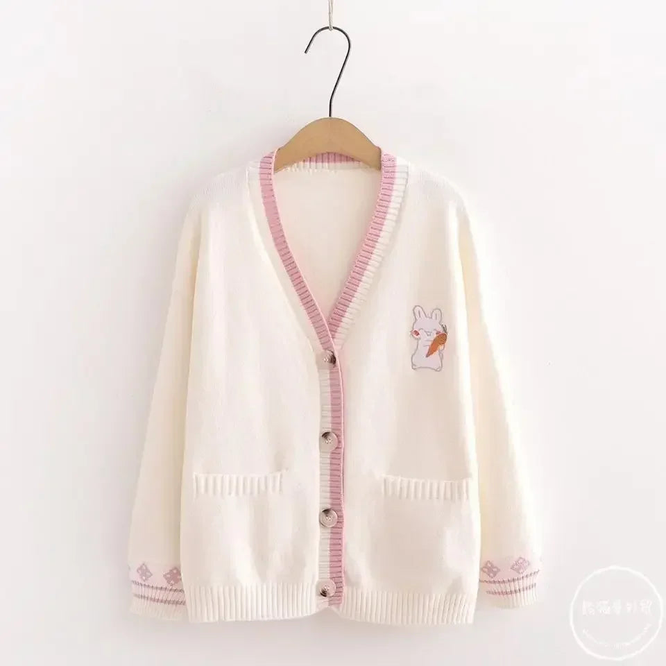 Korean Sweet Chic Women Sweaters Japanese V Neck Long Sleeve Cute Cardigans 2021 New Embroidery Cardigan