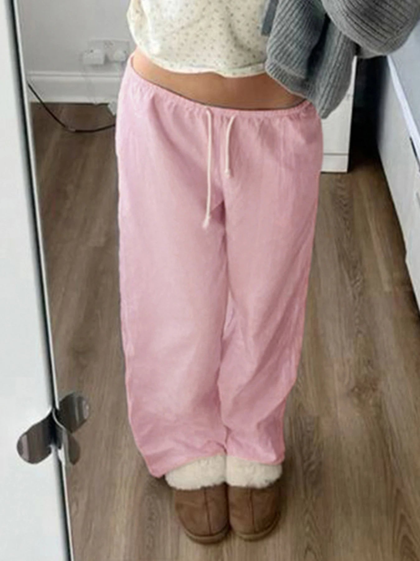 Pantalones de chándal holgados de color rosa liso, informales, de pierna recta, con cordón y cintura baja, estilo Y2K