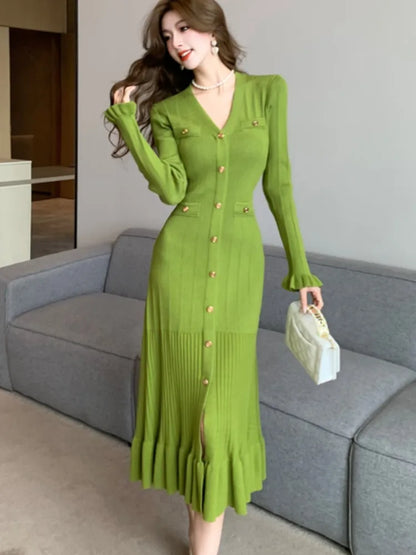 Vestidos de punto lisos de otoño para mujer, elegantes vestidos de oficina informales con mangas acampanadas, dobladillo con volantes y botonadura sencilla