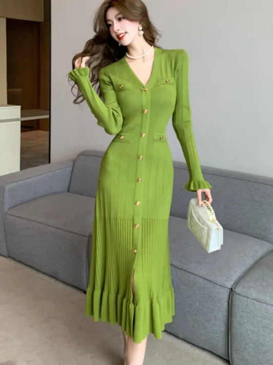 Vestidos de punto lisos de otoño para mujer, elegantes vestidos de oficina informales con mangas acampanadas, dobladillo con volantes y botonadura sencilla