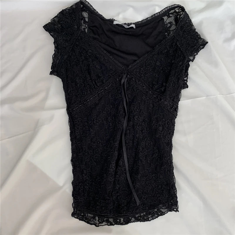 y2k Fairycore Grunge T Shirt  Summer Woman V Neck Lace Crop Tops Kawaii Aesthetic Tee Lolita Sweet Pullover Tops