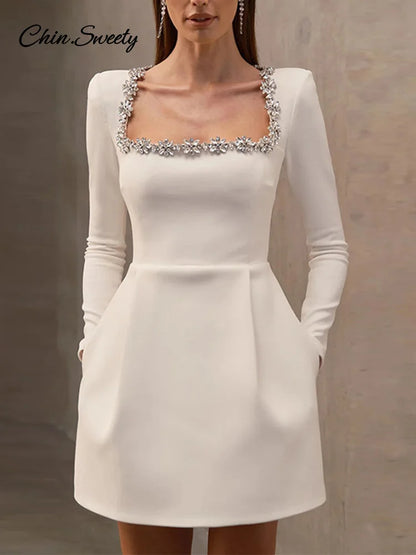 Elegant Rhinestone Decor Velvet Mini Dress Black Square Neck Long Sleeve High Waist A-line Dresses  Lady Evening Party Gown