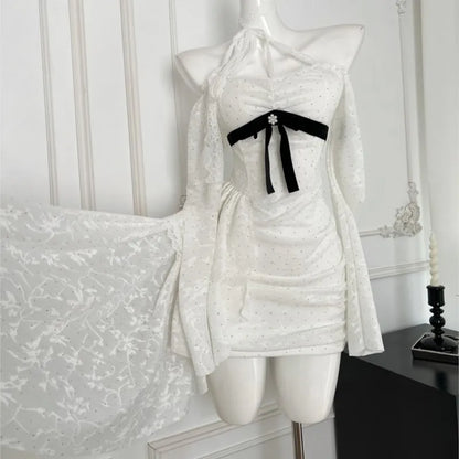Minivestidos de encaje Y2K para mujer, cuello alto, mangas acampanadas, corte A, volantes, fiesta de cumpleaños, vestido de cola corta, moda coreana.