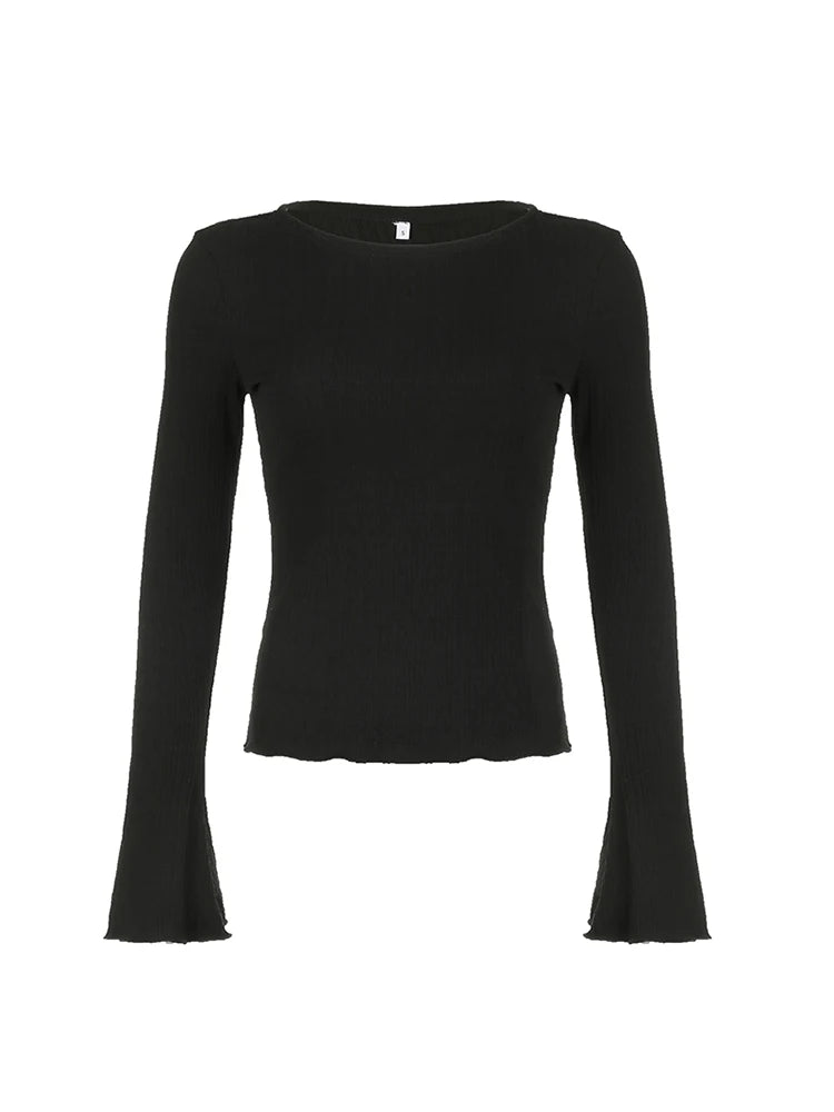 Camiseta elegante de manga acampanada ajustada negra lisa para mujer, sencilla, básica, de punto, para primavera y otoño