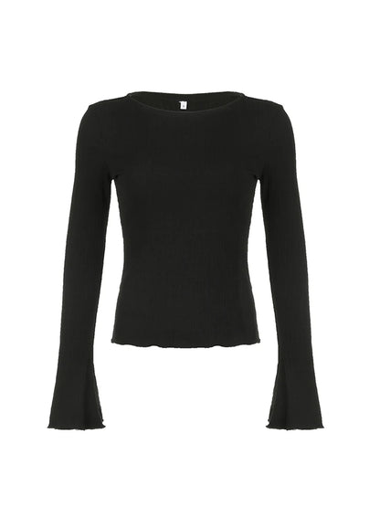 Camiseta elegante de manga acampanada ajustada negra lisa para mujer, sencilla, básica, de punto, para primavera y otoño