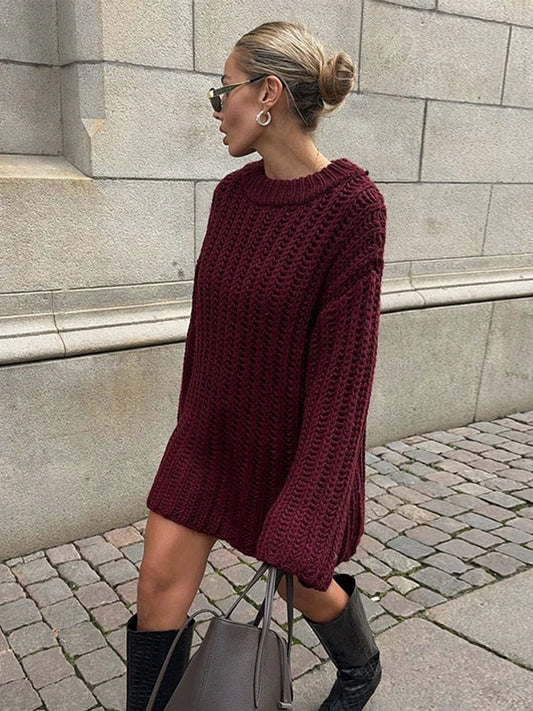 Suéteres casuales de punto lisos de longitud media para mujer, suéteres holgados de cuello redondo de manga larga en rojo oscuro, tops elegantes de calle para otoño para mujer