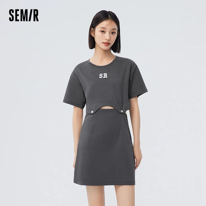 Dress Women Letter T-Shirt Solid Color  New Summer Short Suit Two-Piece Set