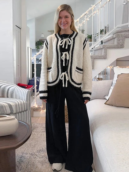 Cárdigan elegante de punto con cordones para mujer, suéter informal holgado de invierno con cuello redondo y bolsillos en contraste de color, prenda de punto cálida y elegante para mujer