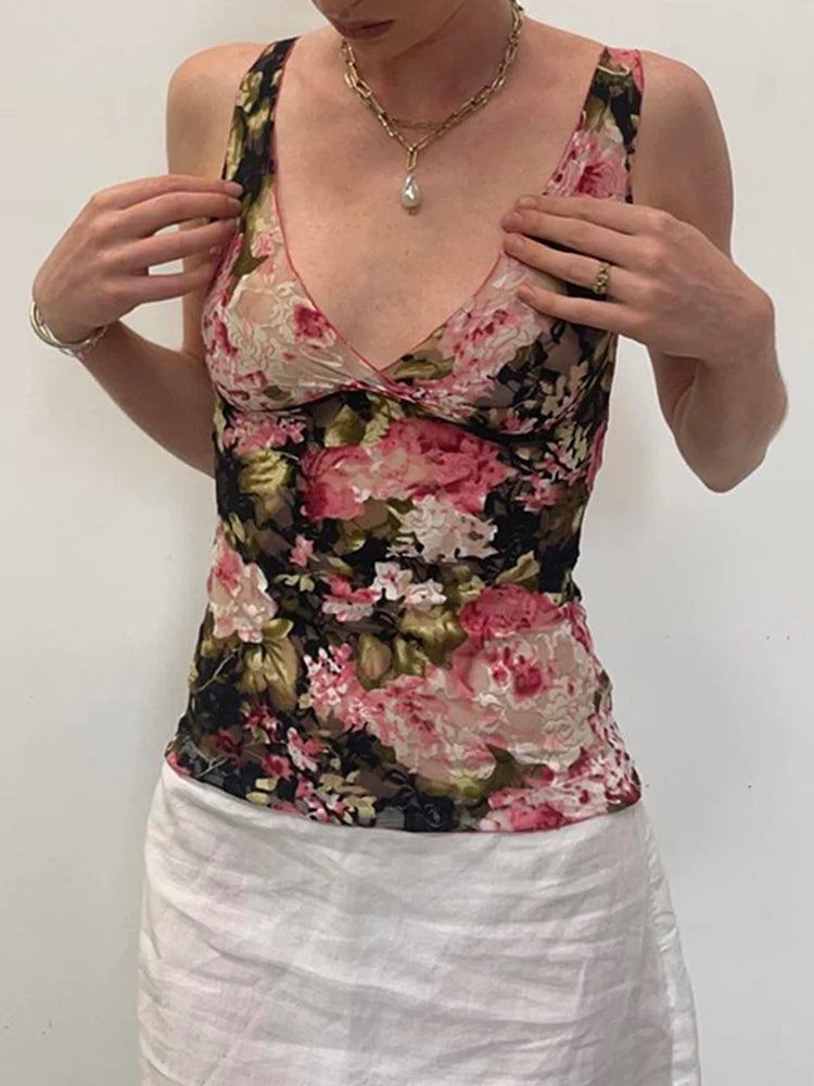 Sweetown - Camiseta sin mangas con estampado floral colorido y romántico francés de encaje, cuello en V, ajustada, elegante, sexy, estilo bohemio para vacaciones de verano para mujer