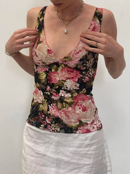 Sweetown - Camiseta sin mangas con estampado floral colorido y romántico francés de encaje, cuello en V, ajustada, elegante, sexy, estilo bohemio para vacaciones de verano para mujer