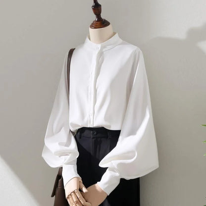 Blusa holgada de manga larga tipo farol para mujer, estilo primavera y otoño, con cuello levantado, DF4847