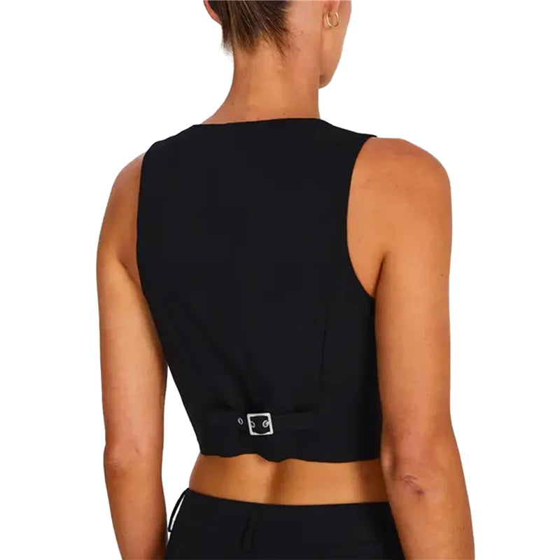 Chaleco para mujer Y2K, ropa de color sólido, corte entallado, cuello en V, sin mangas, con botones, top corto, prendas de vestir de moda