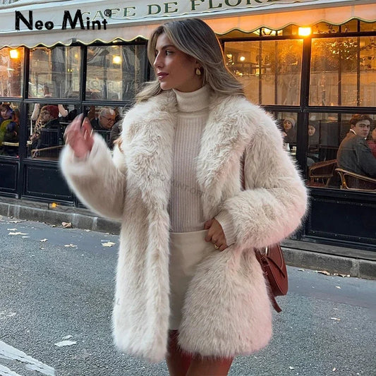 Abrigo de piel sintética con solapas para mujer, chaqueta de piel de zorro mullida de diseñador de marca de invierno, abrigos peludos de lujo para niña, ropa de abrigo larga y elegante