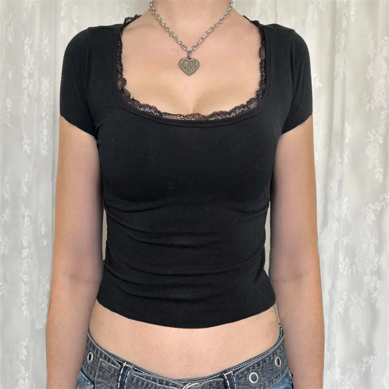 y2k Lace Trim Crop Top 2000s Women Clothes Solid Color Square Collar Short Sleeve T Shirt Aesthetic Clothing Streetwear
