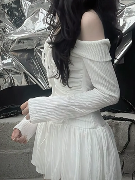 Vestido blanco elegante de manga larga con cuello oblicuo y corte A para mujer, moda coreana, cintura estrecha, sencillo y dulce, estilo japonés.
