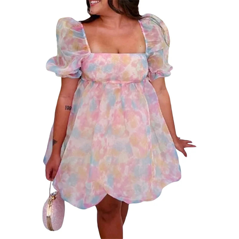 Fairy Mesh Dress y2k Women Aesthetic Gradient Color Puff Sleeve Princess Dress Square Neck Short Prom Party Dresses
