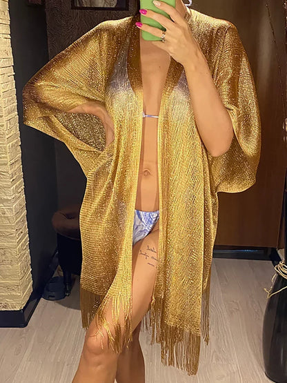 Túnica de punto transparente con borlas y flecos para mujer, vestido playero sexy, ropa de playa, ropa de playa